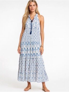 Calypso St. Barth Blue and White Halter Maxi Dress with Tassel Tie